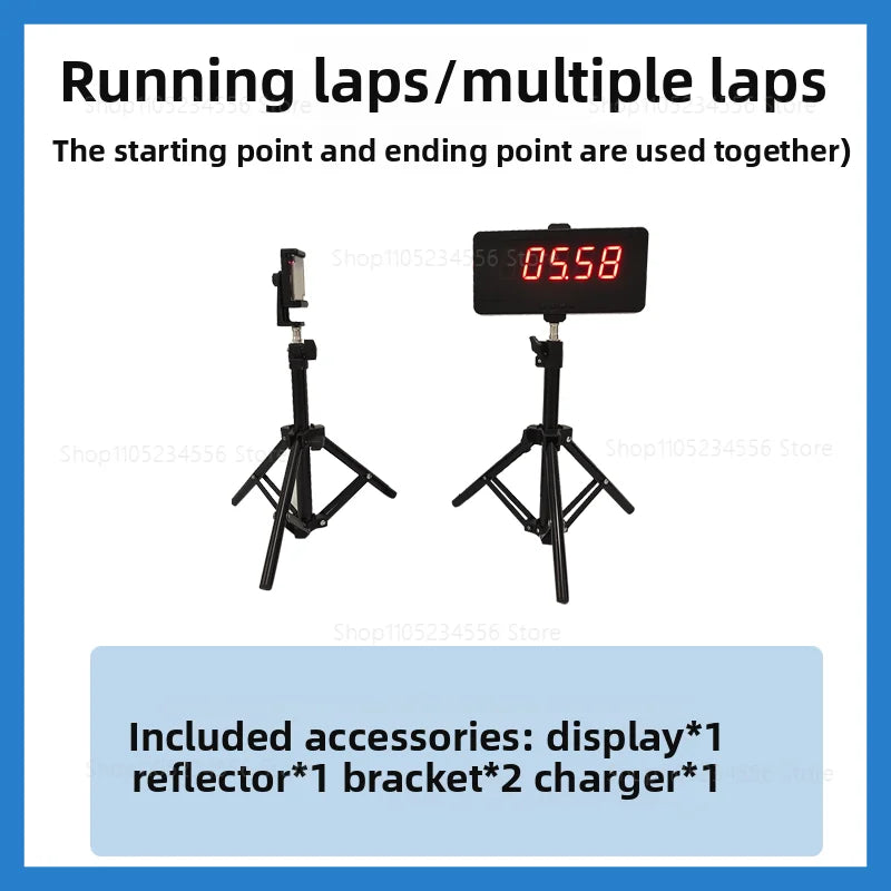 Basketball training timer kit with LED display, laser sprint timer, tripod stands, reflector, charger, and smartphone holder for sprint, lap, speed, agility, and reaction training.