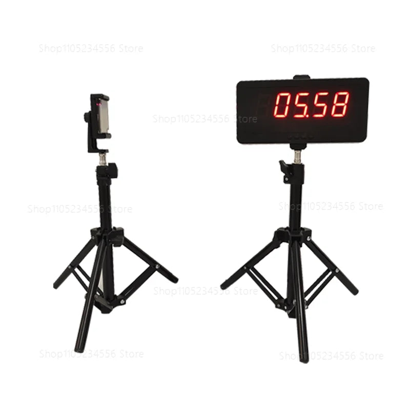 Basketball training timer with laser sprint and lap timing display, adjustable tripod stand, and smartphone holder for speed, agility, sprint, and reaction training.