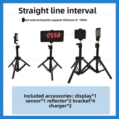 Basketball training timer system with LED display, laser sensors, adjustable tripods, and accessories for 0–100 metre sprint timing, agility drills, speed training, and performance testing.