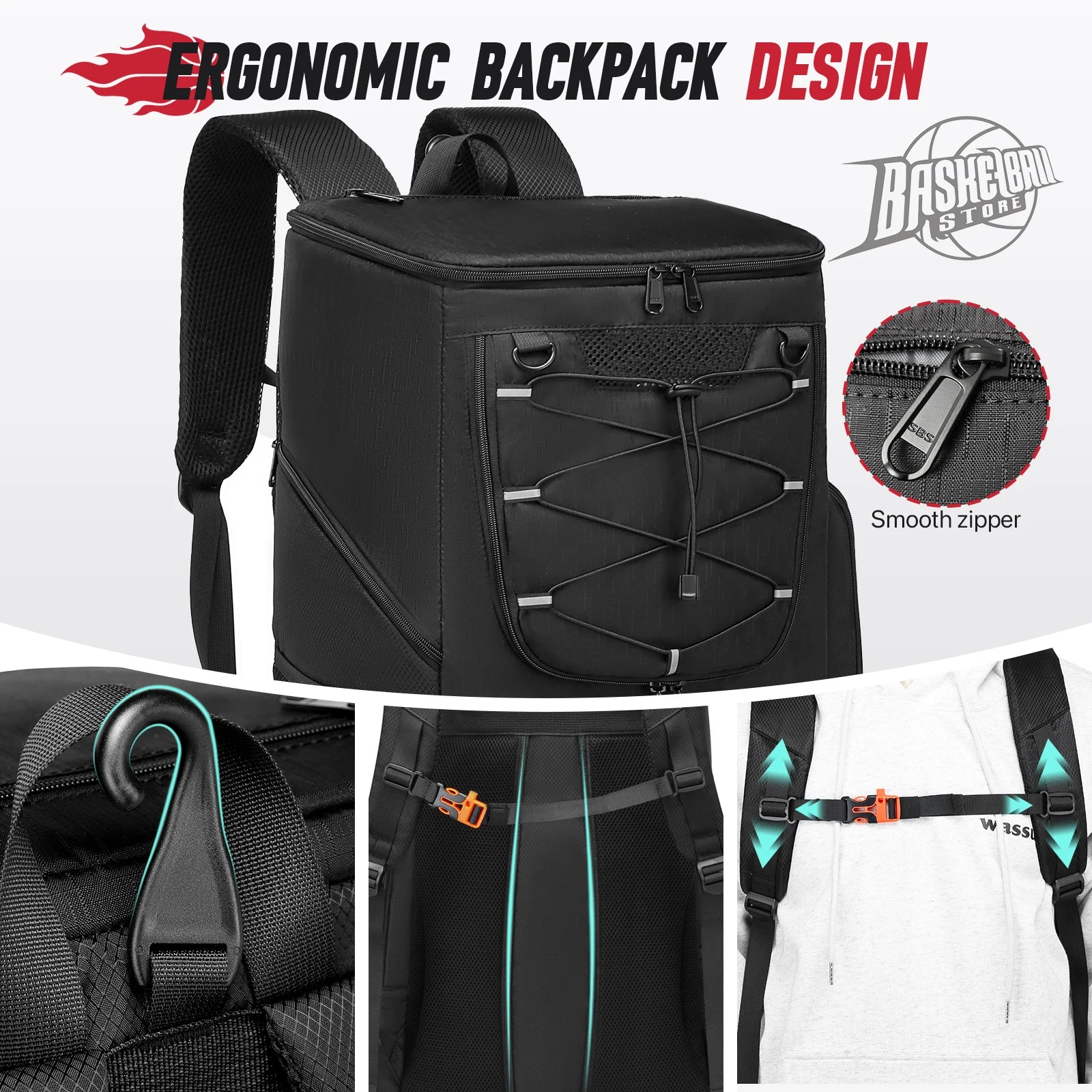 Black ergonomic backpack with detailed views of features on a white background