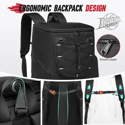 Black ergonomic backpack with detailed views of features on a white background