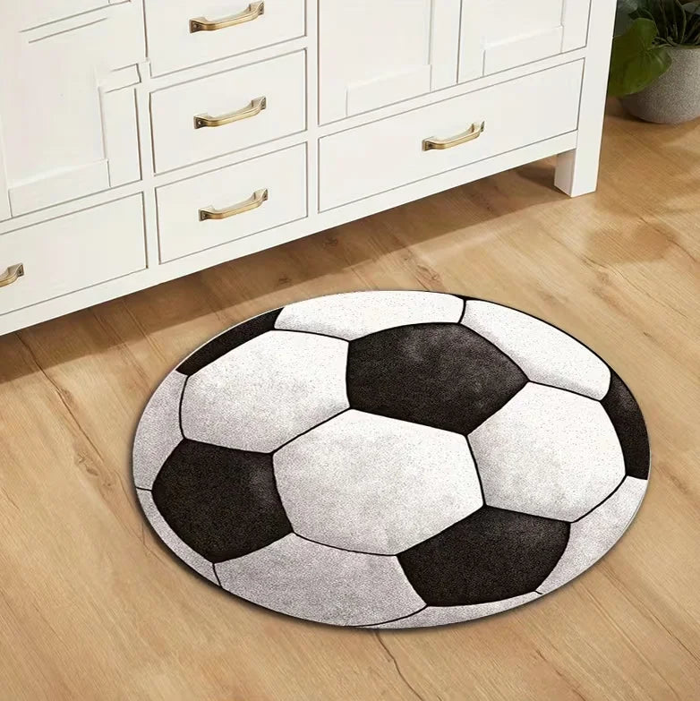 Round soccer ball rug with a soft non-slip surface, perfect for bedrooms, kids' rooms, game rooms, sports-themed décor, and soccer fans.